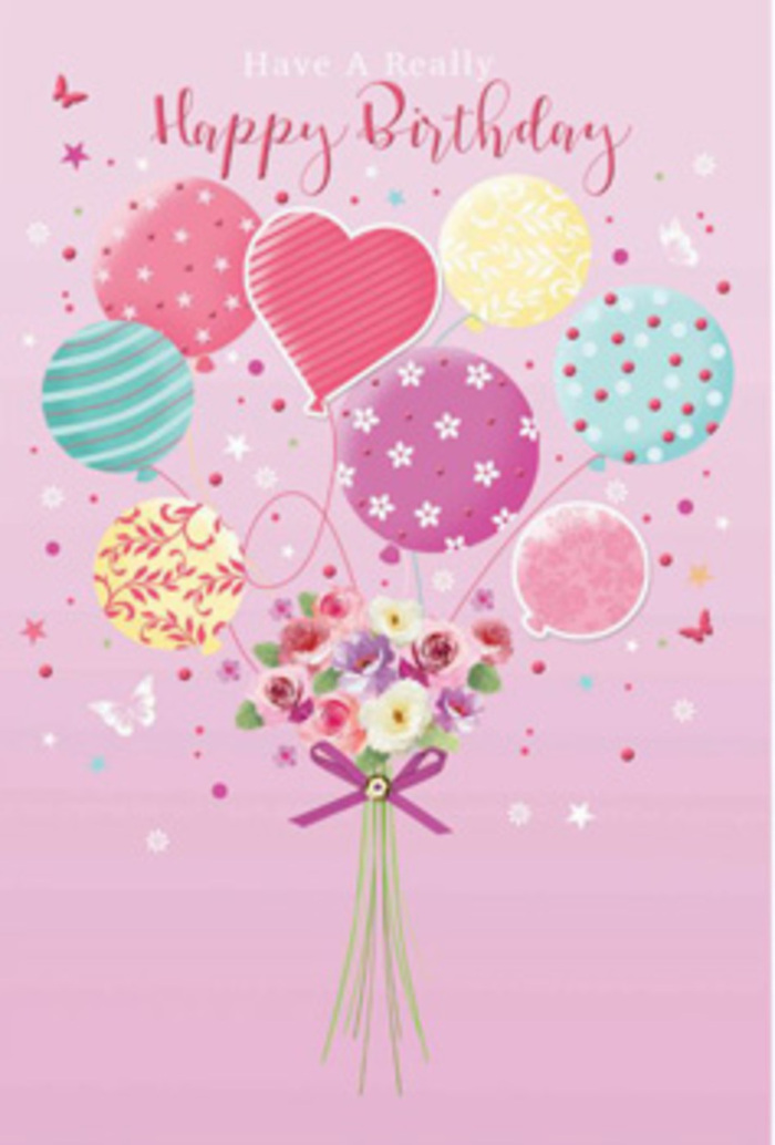 This birthday illustration feels like a delicate daydream, blending balloons and flowers into one floating, joyful arrangement that could easily brighten a home in Enfield Wash. The backdrop is a soft, velvety pink, similar to the sky just after sunrise over nearby playing fields, and it provides a gentle contrast for the pastel tones layered on top. A bouquet of balloons rises at the centre, each with its own personality: some wear candy-striped ribbons, others dance with polka dots, while a few are brushed with tiny floral and swirl patterns. The colours melt into each other-pale sunshine yellow, rosy fuchsia, lavender, seafoam green-creating the impression of a sky full of birthday wishes. These balloons appear to be gently lifting a hand-tied bouquet, gathered at the base in a sparkling purple bow. The flowers themselves are petite and graceful, with small roses and daisy-like blossoms shaded from creamy white to tender rose pink, as if lit by soft morning light through a window on Enfield Highway. Their velvety petals and subtle curves suggest freshness you can almost smell: a light, sweet fragrance that brings to mind stepping into a local flower shop. Tiny butterflies hover around the arrangement, their wings lightly sketched, adding a hint of motion and magic to the still image. Scattered star motifs glimmer quietly in the background, like confetti that has just begun to settle after a birthday toast. Overall, the composition conveys a sense of gentle jubilation and care, as if an expert florist familiar with celebrations in Enfield Wash has taken time to craft the perfect birthday greeting in both blooms and balloons.