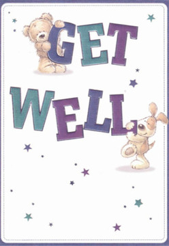This get well card brims with a sense of nurturing and hope, much like the friendly atmosphere found here in Enfield Wash. The scene is anchored by whimsical illustrations of a cuddly teddy bear and an exuberant puppy, each interacting with the large, lively letters that spell out 'Get Well' in deep purples and soothing teals. Their rounded shapes exude gentleness, while their soft, expressive features invite connection, reminiscent of the comforting presence that fills a local Enfield flower shop. Scattered across the clean, bright background, playful stars hint at the magic and resilience that come with heartfelt good wishes-mirroring the positive energy Enfield Wash families bring to one another during difficult times. The combination of color, texture, and joyful movement in this illustration offers the visual equivalent of a lush, healing bouquet, carefully arranged to encourage recovery. As an experienced florist passionate about this community, I see in every brushstroke the same attention to detail and intent that goes into preparing blooms for delivery along Hertford Road or near Albany Leisure Centre. This card is more than a message; it's a tactile expression of care, optimism, and the gentle encouragement that helps spirits mend and hopes bloom.