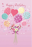 On a soft blush-pink canvas, this birthday artwork presents a whimsical celebration that feels perfectly at home in Enfield Wash, where family gatherings and quiet moments are treasured. At the centre, a cluster of pastel balloons floats upwards with an easy, joyful energy, as though just released from a party along Ordnance Road. Each balloon has its own charming detail-some twist with candy-coloured stripes, others bloom with playful polka dots, and one especially tender heart-shaped balloon glows at the centre, radiating affection and warmth. The colours range from gentle ivory and blush to mint green, lavender, and sunshine yellow, all softened by a hazy, flattering light that gives everything a dreamy glow. Anchoring the design is a dainty hand-tied bouquet at the base, gathered with a neat violet satin bow. The flowers mirror the pastel palette above: delicate roses and anemone-like blooms cluster tightly together in creamy whites, shell-pink, and muted mauve, their petals slightly ruffled and feathery, as if freshly arranged by a careful local florist. Around the main composition, tiny stars and light, fluttering butterflies add a quiet sense of magic, like birthday wishes drifting in the evening air. The overall mood is airy and sweet, reminiscent of a spring morning walk past the shops of Enfield Wash, where simple details feel special. Every element-the balloons, the patterns, the gentle light on each petal-comes together to capture the feeling of a birthday that is meant to be bright, tender, and truly unforgettable.